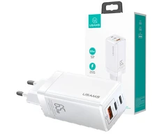 USAMS laidinis įkroviklis MT 2xUSB-C + USB GaN 65W T33 PD (tik antgalis) greito įkrovimo baltas CC110TC02 (US-CC)