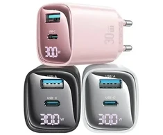 USAMS CC229 kelioninis įkroviklis | 30 W | GaN | USB-C, USB-A | baltas