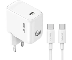 Įkroviklis jungiama į tinklą USAMS CC339 T76 45W GaN USB-C + kabelis SJ711 USB-C/USB-C 1m balta