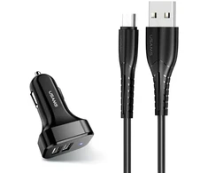 USAMS automobilinis įkroviklis 2xUSB C13 2,1A microUSBjuodos spalvos NTU35MC13TZ
