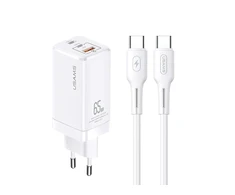 USAMS Tinklo įkroviklis MT 2xUSB-C+USB GaN 65W T33 PD + kabelis USB-C-USB-C 100W Fast Charging baltos spalvos MTXLOGTC02