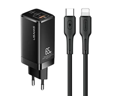 USAMS Tinklo įkroviklis MT 2xUSB-C+USB GaN 65W T33 PD + kabelis USB-C-Lightning 30W Fast Charging juodos spalvos MTXLOGTL01