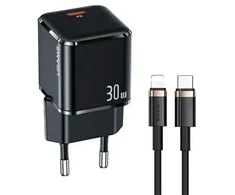 USAMS Tinklo įkroviklis 1xUSB-C T45 30W PD3.0 Fast Charging +kabelis U63 USB-C/Lightning juodos spalvos UXTZH01 (USAMS-UX)