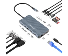 USB-C Hub 14 in 1 Wozinsky WDS03Y5S Multifunctional, Aluminum, for 3 Monitors, with 15 cm Cable – Gray
