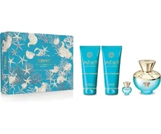 Versace „Dylan Turquoise“ rinkinys: 100 ml purškiamas tualetinis vanduo + 100 ml dušo želė + 100 ml kvapnus kūno gelis + 5 ml mini tualetinis vanduo
