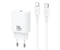 Sieninis įkroviklis Remax, RP-U5, USB-C, 20W (baltas) + Lightning kabelis