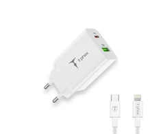Tinklo įkroviklis T-PHOX SPEEDY USB-C 20W/USB 18W PD QC + KABELIS LIGHTNING 1M baltos spalvos