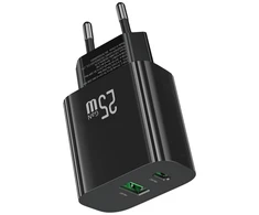Laidinis įkroviklis USAMS CC315 T65 25W 1xUSB-C 1xUSB-A Fast Charging juodos spalvos