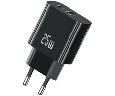 Laidinis įkroviklis USAMS CC315 T65 25W 1xUSB-C 1xUSB-A Fast Charging juodos spalvos
