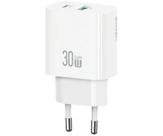 Laidinis įkroviklis USAMS CC316 T65 30W 1xUSB-C 1xUSB-A Fast Charging baltos spalvos