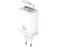 Laidinis įkroviklis USAMS Xiang Series CC296 30W 1xUSB-C 1xUSB-A + USB-C kabelis baltos spalvos