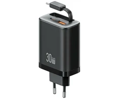 Laidinis įkroviklis USAMS Xiang Series CC296 30W 1xUSB-C 1xUSB-A + USB-C kabelis juodos spalvos