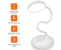 Lamex Wireless LED stalinė lempa 6W, 3000/4500/6000K, jutiklinis valdymas, 3000mAh, baltas, LTC