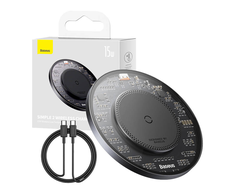 Belaidis Qi indukcinis įkroviklis Baseus Simple 2, 15 W su USB-C į USB-C laidu (juodas)