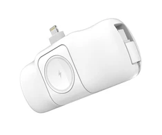 Wozinsky WF16-YLS 5000mAh 15W „Lightning“ mini išorinė baterija su įmontuotu USB-C kabeliu ir „Apple Watch“ įkrovikliu – baltos spalvos