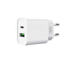 XO laidinis įkroviklis CE02A PD 20W QC 3.0 18W 1x USB 1x USB-C baltos spalvos + USB-C – USB-C kabelis