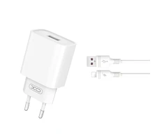 XO laidinis įkroviklis CE02D QC 3.0 18W 1x USB baltos spalvos + Lightning kabelis