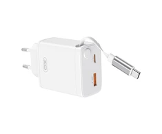 XO laidinis įkroviklis CE31 1x USB 1x USB-C 30W baltos spalvos su retractable USB-C kabeliu