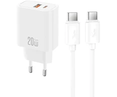 XO sieninis įkroviklis CE40 PD 20W 1x USB-C 1x USB baltas + laidas USB-C – USB-C