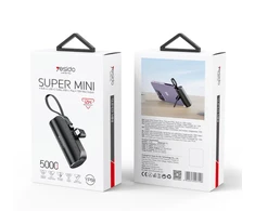 YESIDO POWERBANK YP68 5000 mAh 12W + USB-C laidas, „Lightning“ jungtis, juoda