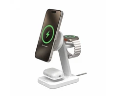 ZAGG Mophie Snap+ 3-in-1 Qi2 belaidžio įkroviklio stovas trims įrenginiams, suderinamas su MagSafe ir Qi2 – baltas