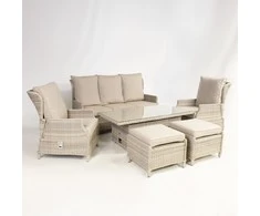 Lauko baldų komplektas Home4You Sodo baldų komplektas BASEL stalas, sofa, 2 kėdės ir 2 pufai, rėmas: aliumininis su plastikinių vytelių apdaila, spalva: smėlio