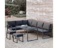 Home4You Lauko baldų komplektas LEIPZIG stalas, kampinė sofa, 2 pufai