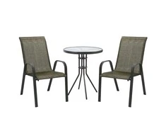 Lauko baldų komplektas Sodo baldų komplektas DUBLIN, stalas ir 2 kėdės (11874) 60x70 cm, stalviršis: 5 mm skaidrus stiklas, rėmas: plieno, spalva: tamsiai ruda