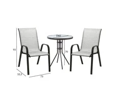 Lauko baldų komplektas Home4You Sodo baldų komplektas DUBLIN, stalas ir 2 kėdės (11873) 60x70 cm, stalviršis: 5 mm skaidrus stiklas, rėmas: plieno, spalva: sidabrinė pilka