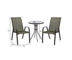 Lauko baldų komplektas Home4You Sodo baldų komplektas DUBLIN, stalas ir 2 kėdės (11874) 60x70 cm, stalviršis: 5 mm skaidrus stiklas, rėmas: plieno, spalva: tamsiai ruda