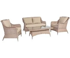 Home4You Sodo baldų komplektas EDEN, stalas, sofa ir 2 foteliai, rėmas: aliumininis su plastikinių vytelių apdaila, spalva: smėlio