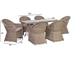 Lauko baldų komplektas Home4You Sodo baldų komplektas TOSCANA, stalas su 6 kėdėmis, 140x80xH73 cm, aliuminio rėmas apipintas plastikinėmis vytelėmis, spalva: pilka/smėlio