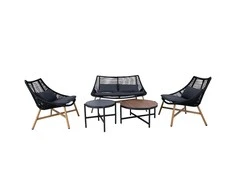 Home4You Lauko baldų komplektas HELSINKI, sofa, 2 kėdės ir 2 stalai, rėmas: aliuminis su plastikinių vytelių apdaila, spalva: juoda