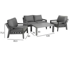Lauko baldų komplektas Home4You Sodo baldų komplektas TOMSON stalas, sofa ir 2 kėdės, rėmas: aliumininis, pagalvėlės: pilkos