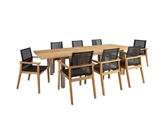 Lauko baldų komplektas Home4You Valgomojo baldų komplektas NAUTICA su 8 kėdėmis (13259), 200 /300x100xH76cm, stalviršis: netašytas tikmedis, nealyvuotas, kojos: nerūdijantis plienas