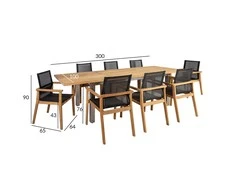 Lauko baldų komplektas Home4You Valgomojo baldų komplektas NAUTICA su 8 kėdėmis (13259), 200 /300x100xH76cm, stalviršis: netašytas tikmedis, nealyvuotas, kojos: nerūdijantis plienas
