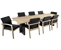 Lauko baldų komplektas Home4You Valgomojo baldų komplektas ROYAL su 8 kėdėmis (13258), 280x100xH76 cm, stalviršis: tikmedis, apdaila: šlifuotas, nealyvuotas, kojos: aliumininės
