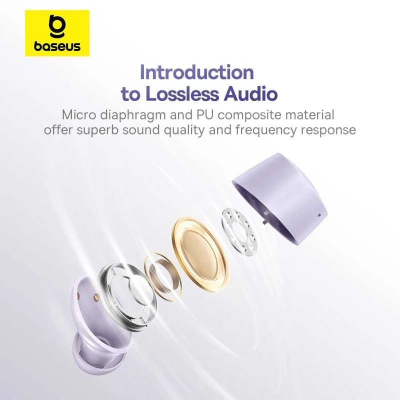 BASEUS belaidės bluetooth ausinės TWS ENC IPX4 Bowie E18 violetinės spalvos
