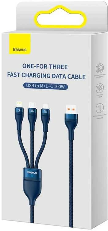 Baseus Flash Series 3in1 USB laidas USB-C + micro USB + Lightning 100W 1.2m - Mėlynas
