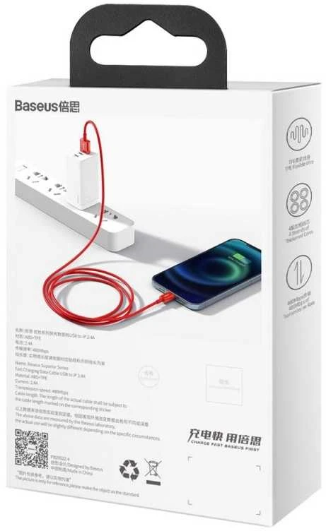 Baseus Superior serijos USB į iPhone laidas, 2.4A, 1m - raudonas