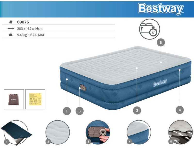 "Bestway® Fortech™" Pripučiamas dvivietis čiužinys "Snugable Top™" įmontuotas kintamosios srovės siurblys, 203 x 152 x 46 cm
