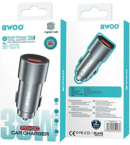 BWOO 38W greitasis automobilinis įkroviklis BO-CC73 QC 18W + PD 20W, pilkai sidabrinis