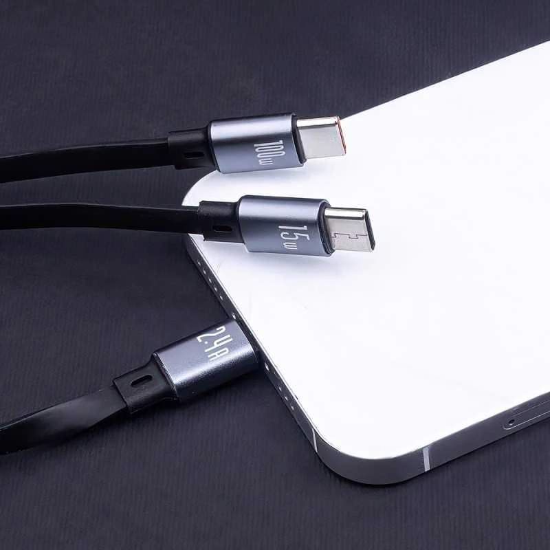 Forever 3in1 laidas USB – Lightning + 2x USB-C 1,2 m 100W juodas