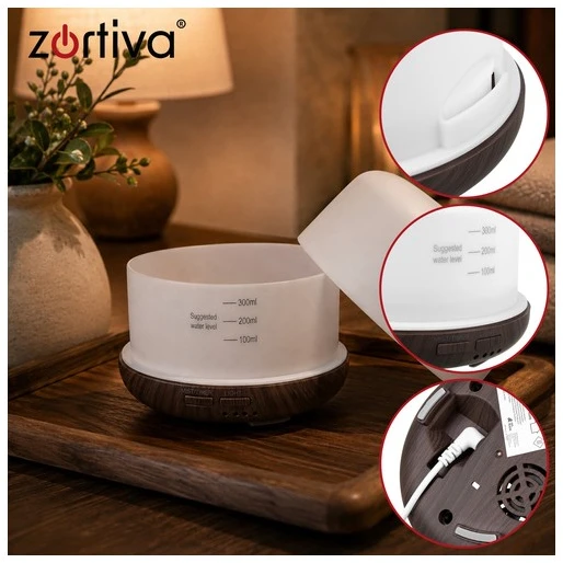 Aromų difuzorius – LED drėkintuvas su nuotolinio valdymo pulteliu Zortiva
