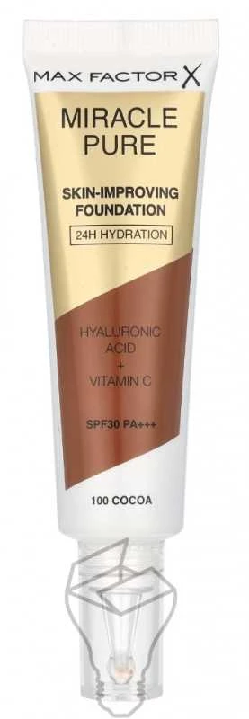 „Max Factor Miracle Pure Hyaluronic Acid Radiant“ skystas makiažo pagrindas ir serumas 2 viename su kakava, SPF 30, 30 ml