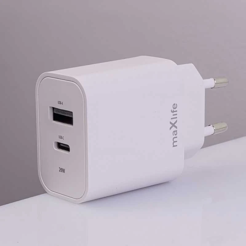 Maxlife MXTC-06-20AC PD QC įkroviklis 1x USB-C 1x USB 20W baltas + USB-C – USB-C laidas 20W