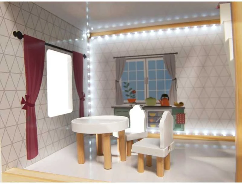Ikonka MDF medinis lėlių namelis + baldai 78cm juodas LED