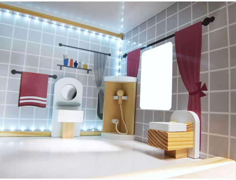 Ikonka MDF medinis lėlių namelis + baldai 78cm juodas LED