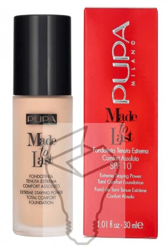 „Pupa Made To Last“ skystas makiažo pagrindas be parabenų, ilgai išliekantis makiažo pagrindas „020 Light“, 30 ml