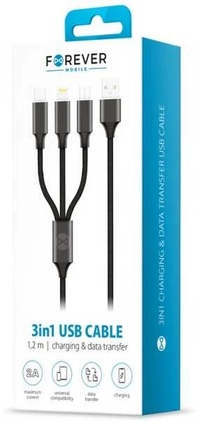 Forever 3in1 laidas USB – Lightning + USB-C + microUSB 1,2 m 2A juodas